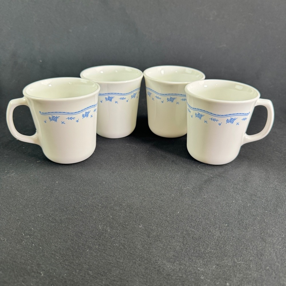 Vintage Corelle Morning Blue Coffee Mugs Set of 4 Blue Floral Vitrelle USA